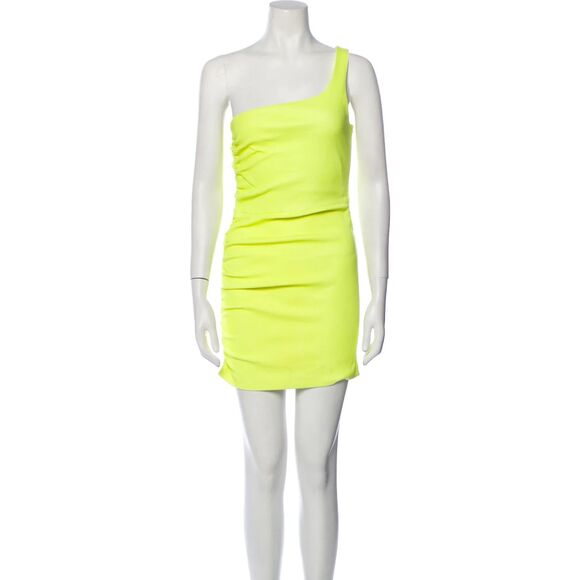 SPRWMN Los Angeles Neon Lime Green/Yellow Mini Dress 1 Shoulder Party Leather - Picture 1 of 11